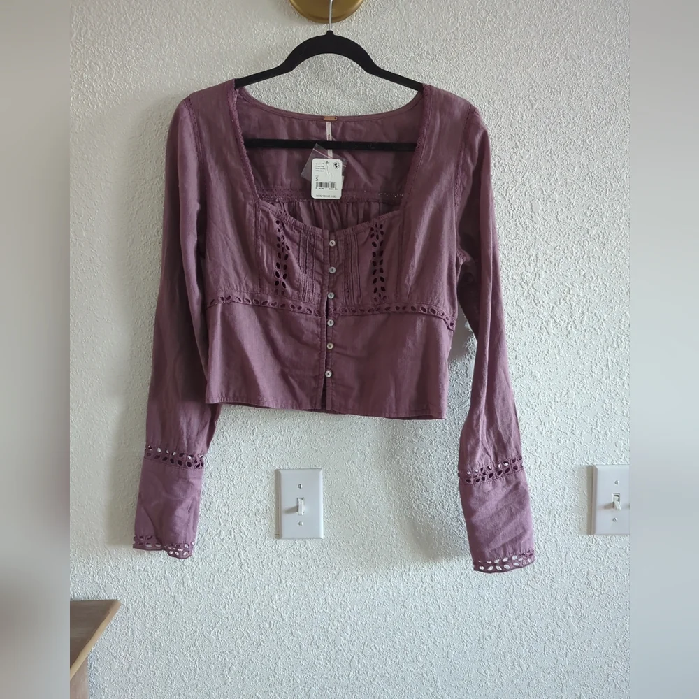 NWT Free People Joi Eyelet Crop Blouse in Roan Rouge Size Small $88